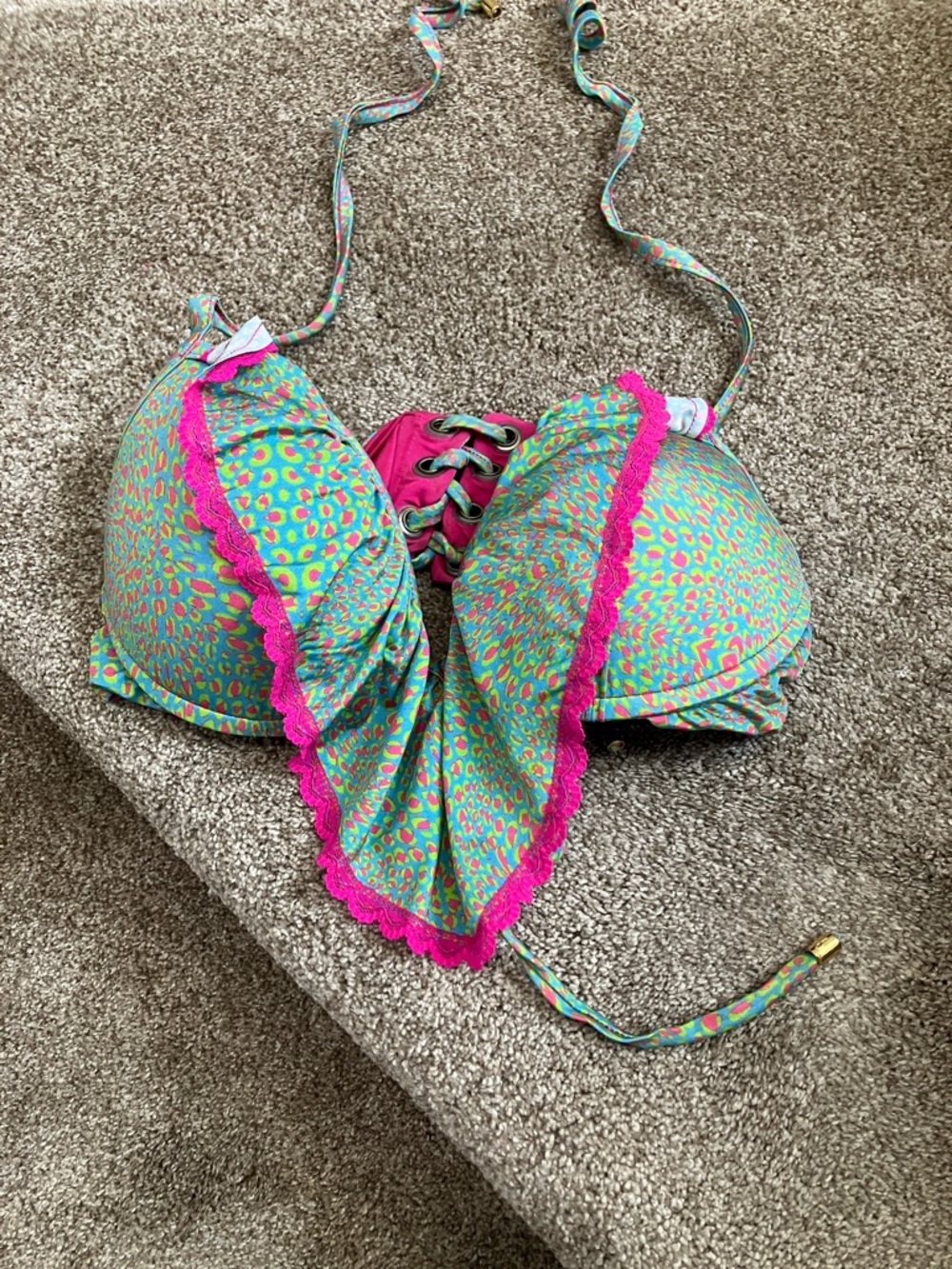 Beach Bunny Turquoise and Pink Lace-Up Bikini Top